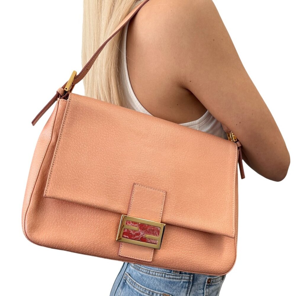 FENDI Vintage FF Logo Mamma Baguette Shoulder Bag Handbag Salmon Pink [106458]